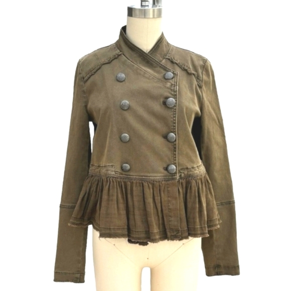 Free People Ruffle Hem Military Jacket Double Breasted Button Up Olive Green - Picture 1 of 12